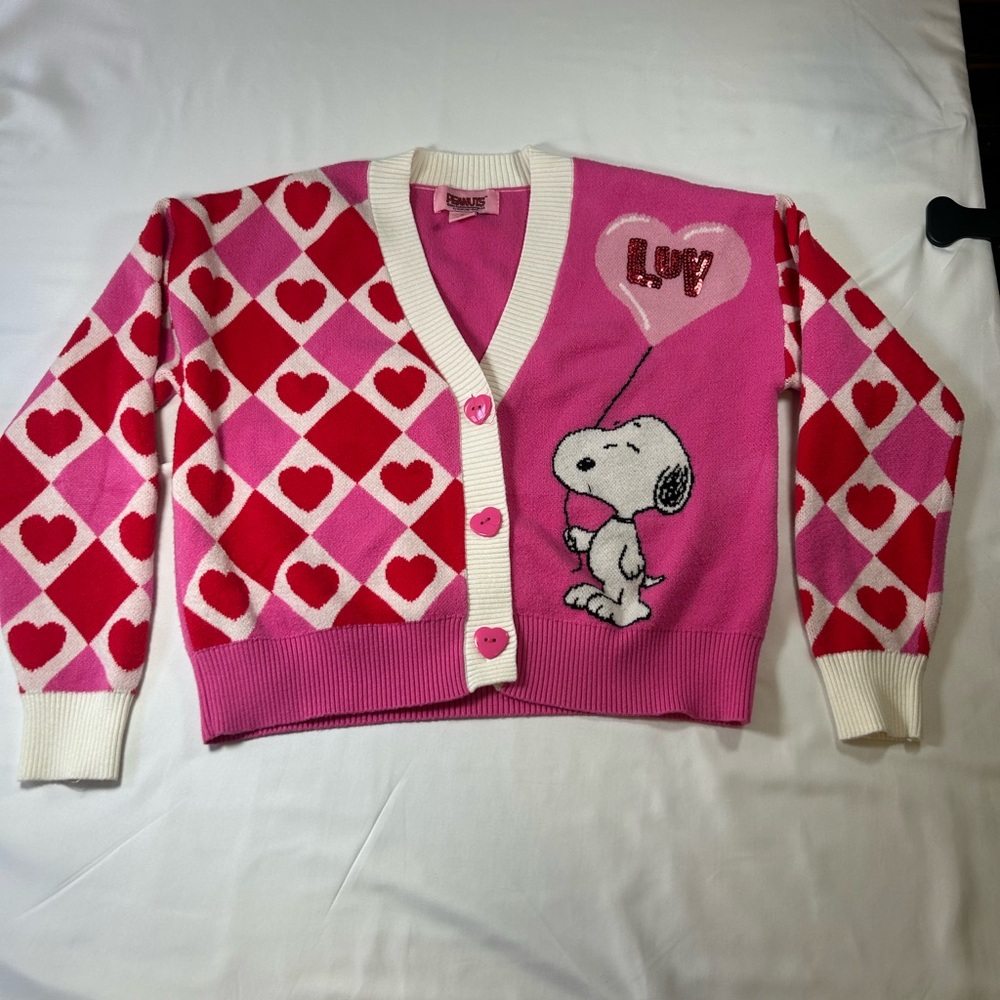 Snoopy Pink Heart Knit Cardigan so